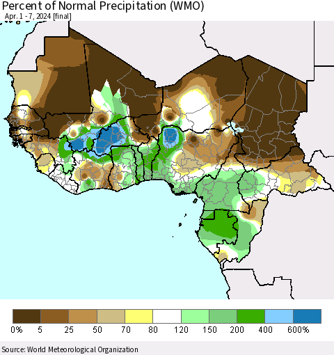 Western Africa Percent of Normal Precipitation (WMO) Thematic Map For 4/1/2024 - 4/7/2024