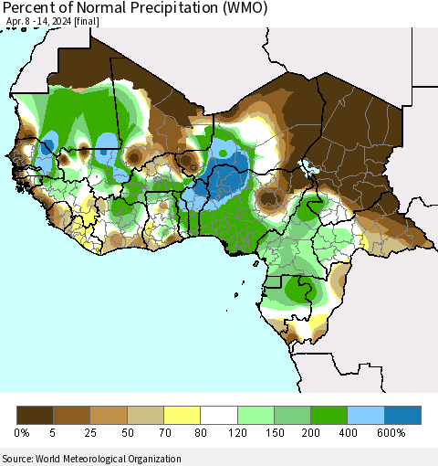Western Africa Percent of Normal Precipitation (WMO) Thematic Map For 4/8/2024 - 4/14/2024