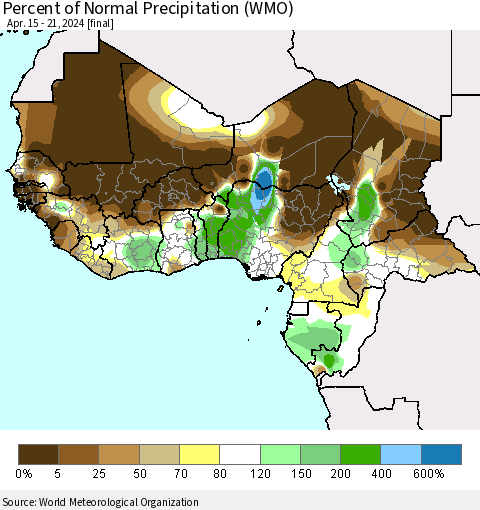 Western Africa Percent of Normal Precipitation (WMO) Thematic Map For 4/15/2024 - 4/21/2024