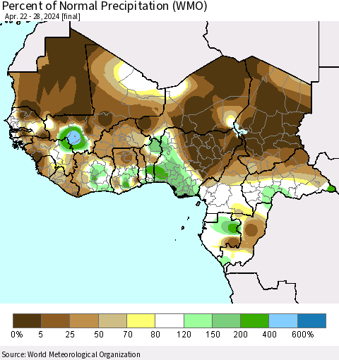 Western Africa Percent of Normal Precipitation (WMO) Thematic Map For 4/22/2024 - 4/28/2024
