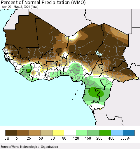 Western Africa Percent of Normal Precipitation (WMO) Thematic Map For 4/29/2024 - 5/5/2024