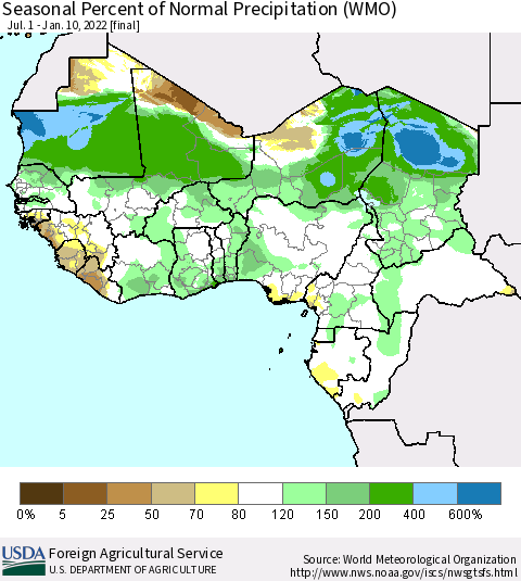 Western Africa Seasonal Percent of Normal Precipitation (WMO) Thematic Map For 7/1/2021 - 1/10/2022