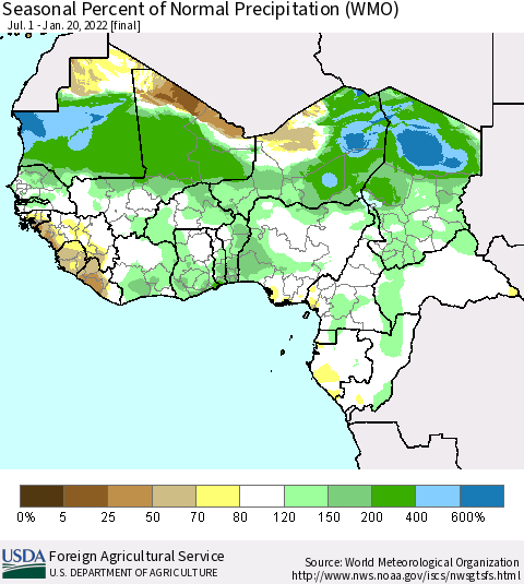 Western Africa Seasonal Percent of Normal Precipitation (WMO) Thematic Map For 7/1/2021 - 1/20/2022