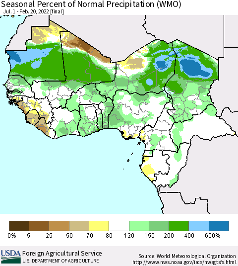Western Africa Seasonal Percent of Normal Precipitation (WMO) Thematic Map For 7/1/2021 - 2/20/2022