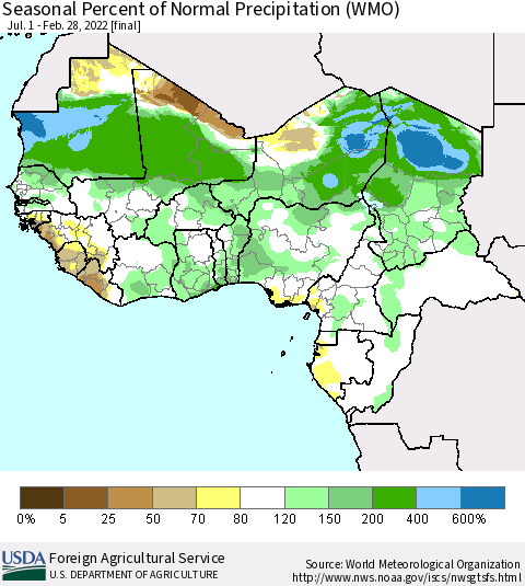 Western Africa Seasonal Percent of Normal Precipitation (WMO) Thematic Map For 7/1/2021 - 2/28/2022