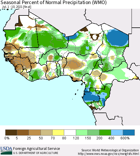Western Africa Seasonal Percent of Normal Precipitation (WMO) Thematic Map For 7/1/2021 - 7/10/2021