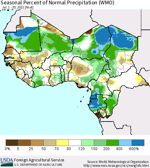 Western Africa Seasonal Percent of Normal Precipitation (WMO) Thematic Map For 7/1/2021 - 7/20/2021
