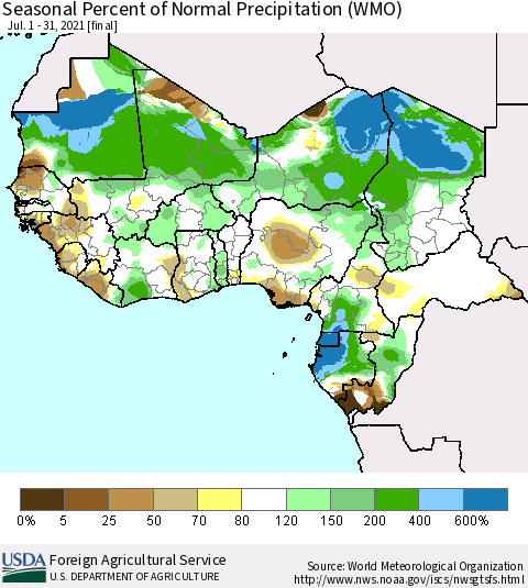 Western Africa Seasonal Percent of Normal Precipitation (WMO) Thematic Map For 7/1/2021 - 7/31/2021