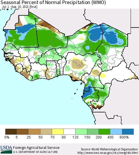 Western Africa Seasonal Percent of Normal Precipitation (WMO) Thematic Map For 7/1/2021 - 8/10/2021