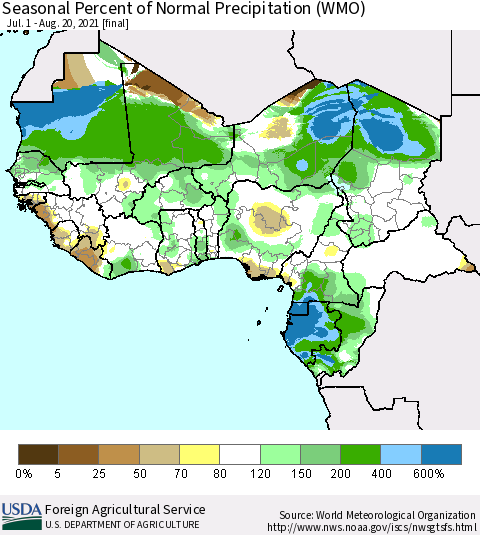 Western Africa Seasonal Percent of Normal Precipitation (WMO) Thematic Map For 7/1/2021 - 8/20/2021
