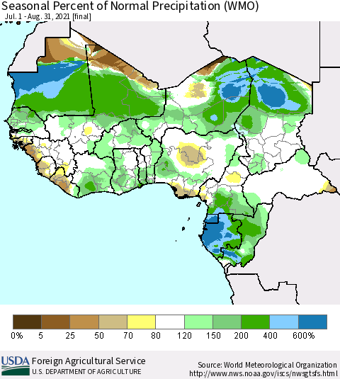 Western Africa Seasonal Percent of Normal Precipitation (WMO) Thematic Map For 7/1/2021 - 8/31/2021