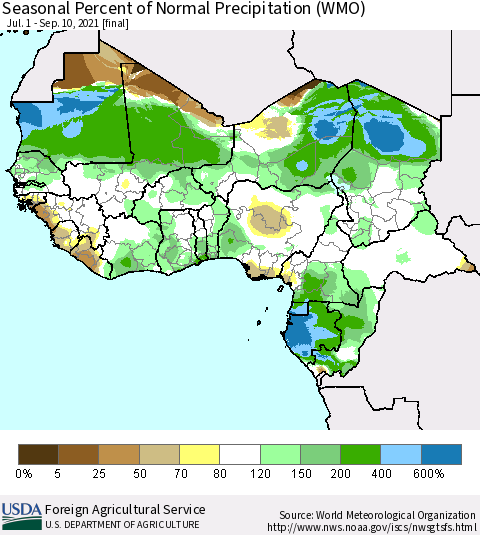 Western Africa Seasonal Percent of Normal Precipitation (WMO) Thematic Map For 7/1/2021 - 9/10/2021