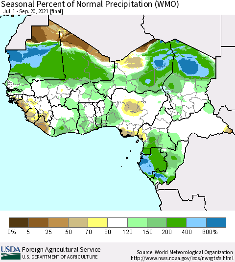 Western Africa Seasonal Percent of Normal Precipitation (WMO) Thematic Map For 7/1/2021 - 9/20/2021