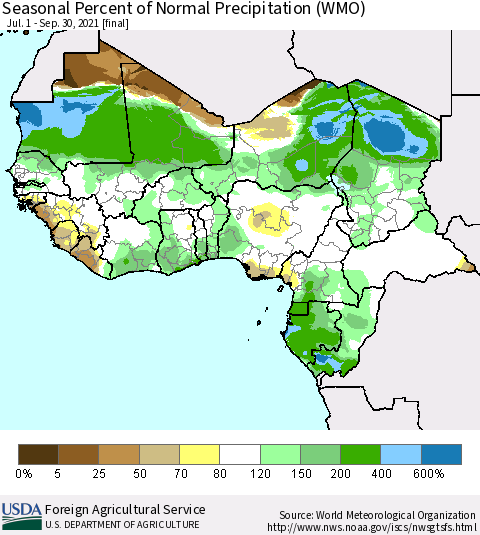 Western Africa Seasonal Percent of Normal Precipitation (WMO) Thematic Map For 7/1/2021 - 9/30/2021