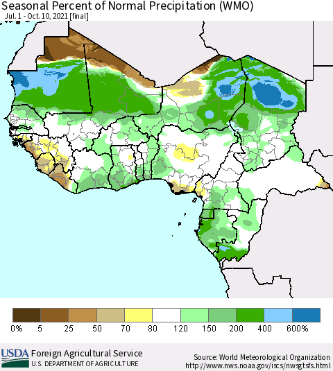 Western Africa Seasonal Percent of Normal Precipitation (WMO) Thematic Map For 7/1/2021 - 10/10/2021