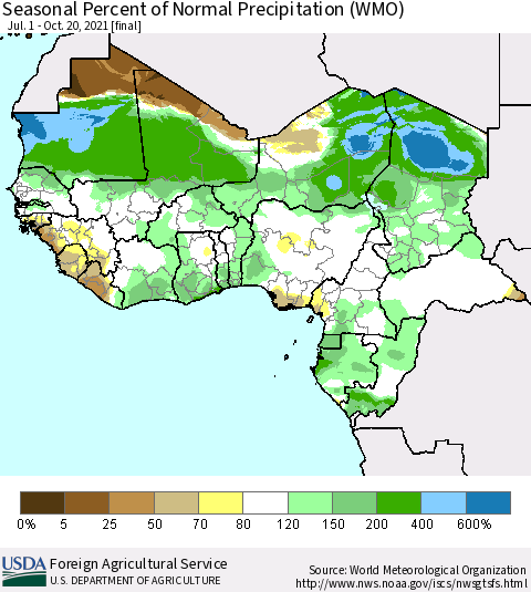 Western Africa Seasonal Percent of Normal Precipitation (WMO) Thematic Map For 7/1/2021 - 10/20/2021