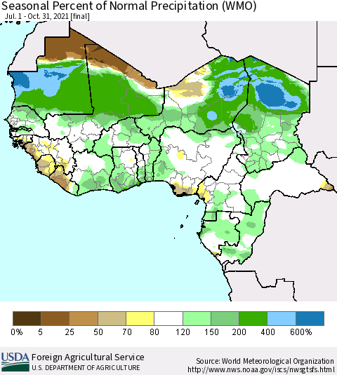 Western Africa Seasonal Percent of Normal Precipitation (WMO) Thematic Map For 7/1/2021 - 10/31/2021