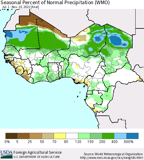 Western Africa Seasonal Percent of Normal Precipitation (WMO) Thematic Map For 7/1/2021 - 11/10/2021