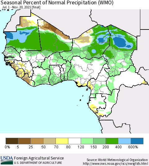 Western Africa Seasonal Percent of Normal Precipitation (WMO) Thematic Map For 7/1/2021 - 11/20/2021
