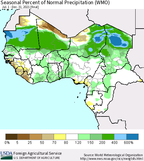 Western Africa Seasonal Percent of Normal Precipitation (WMO) Thematic Map For 7/1/2021 - 12/31/2021