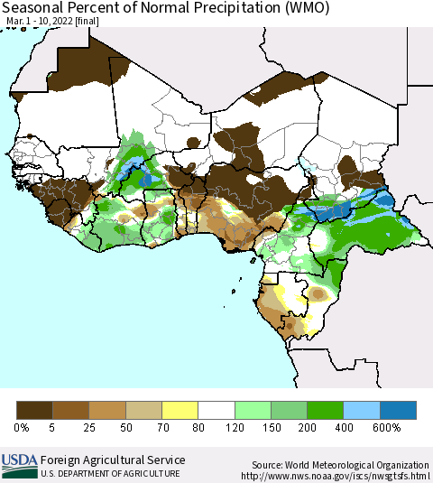 Western Africa Seasonal Percent of Normal Precipitation (WMO) Thematic Map For 3/1/2022 - 3/10/2022