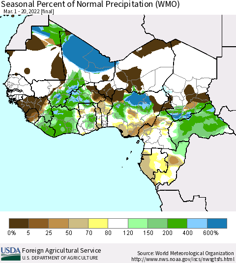 Western Africa Seasonal Percent of Normal Precipitation (WMO) Thematic Map For 3/1/2022 - 3/20/2022