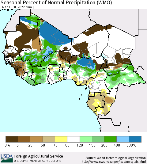 Western Africa Seasonal Percent of Normal Precipitation (WMO) Thematic Map For 3/1/2022 - 3/31/2022