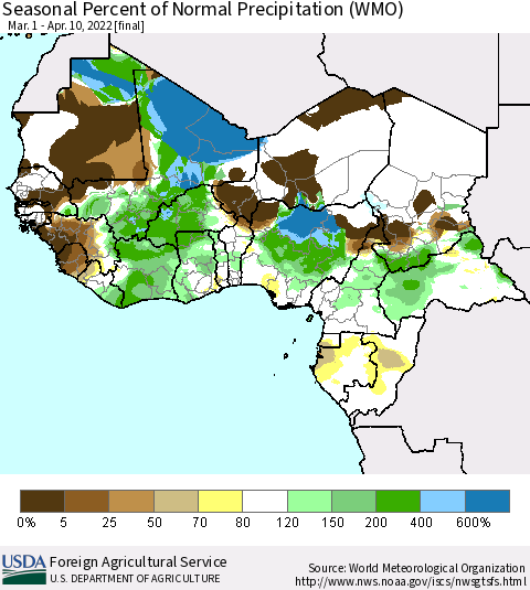 Western Africa Seasonal Percent of Normal Precipitation (WMO) Thematic Map For 3/1/2022 - 4/10/2022