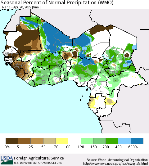 Western Africa Seasonal Percent of Normal Precipitation (WMO) Thematic Map For 3/1/2022 - 4/20/2022