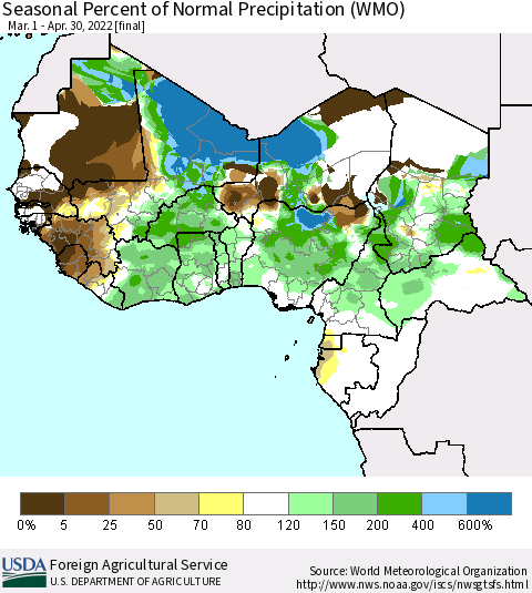 Western Africa Seasonal Percent of Normal Precipitation (WMO) Thematic Map For 3/1/2022 - 4/30/2022