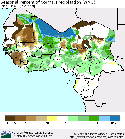 Western Africa Seasonal Percent of Normal Precipitation (WMO) Thematic Map For 3/1/2022 - 5/10/2022