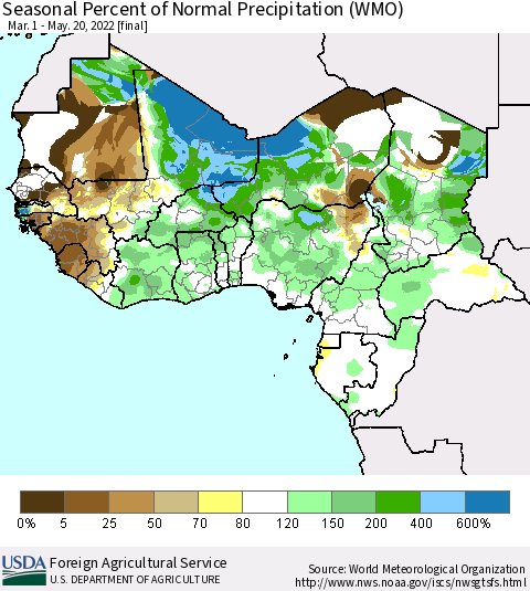 Western Africa Seasonal Percent of Normal Precipitation (WMO) Thematic Map For 3/1/2022 - 5/20/2022