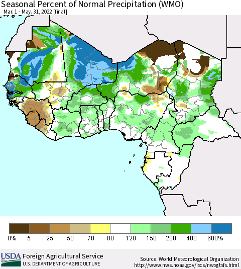 Western Africa Seasonal Percent of Normal Precipitation (WMO) Thematic Map For 3/1/2022 - 5/31/2022