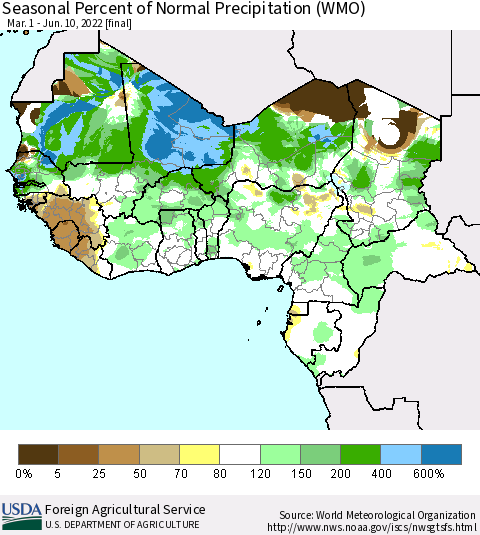 Western Africa Seasonal Percent of Normal Precipitation (WMO) Thematic Map For 3/1/2022 - 6/10/2022