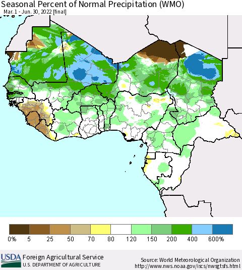 Western Africa Seasonal Percent of Normal Precipitation (WMO) Thematic Map For 3/1/2022 - 6/30/2022