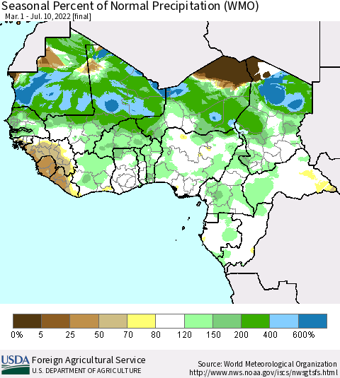 Western Africa Seasonal Percent of Normal Precipitation (WMO) Thematic Map For 3/1/2022 - 7/10/2022