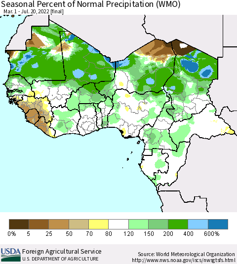 Western Africa Seasonal Percent of Normal Precipitation (WMO) Thematic Map For 3/1/2022 - 7/20/2022