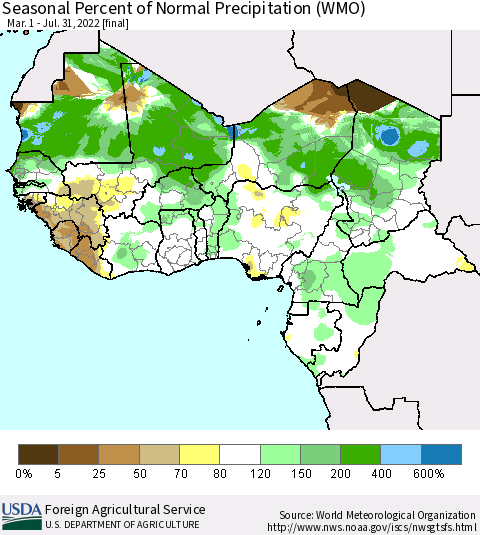 Western Africa Seasonal Percent of Normal Precipitation (WMO) Thematic Map For 3/1/2022 - 7/31/2022
