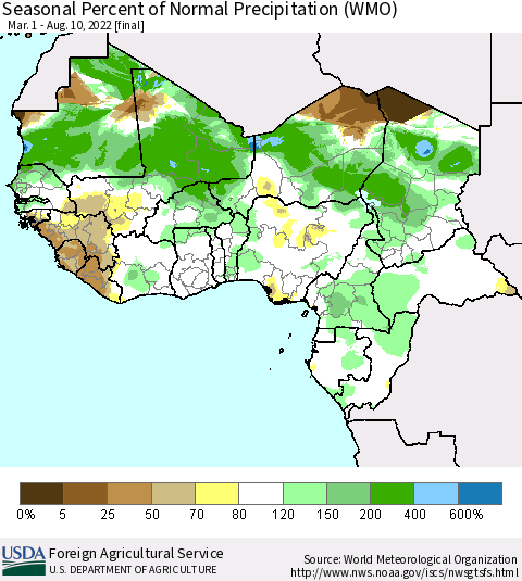 Western Africa Seasonal Percent of Normal Precipitation (WMO) Thematic Map For 3/1/2022 - 8/10/2022
