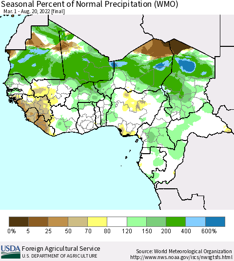 Western Africa Seasonal Percent of Normal Precipitation (WMO) Thematic Map For 3/1/2022 - 8/20/2022