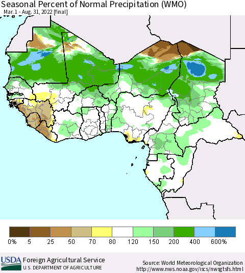 Western Africa Seasonal Percent of Normal Precipitation (WMO) Thematic Map For 3/1/2022 - 8/31/2022