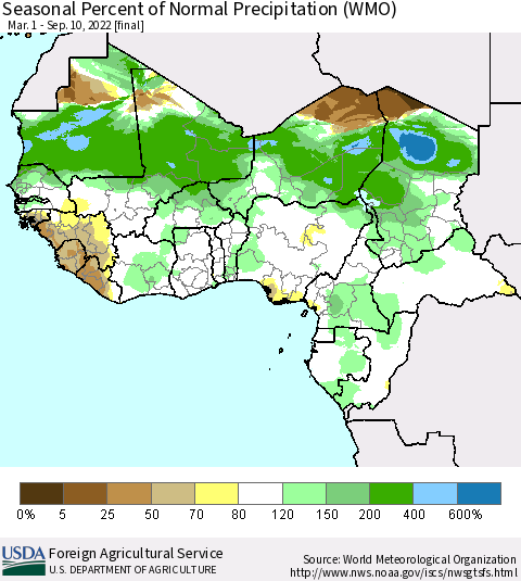 Western Africa Seasonal Percent of Normal Precipitation (WMO) Thematic Map For 3/1/2022 - 9/10/2022