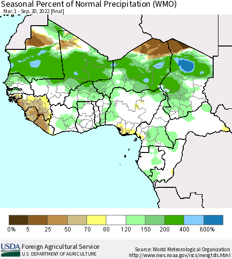 Western Africa Seasonal Percent of Normal Precipitation (WMO) Thematic Map For 3/1/2022 - 9/20/2022