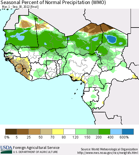 Western Africa Seasonal Percent of Normal Precipitation (WMO) Thematic Map For 3/1/2022 - 9/30/2022