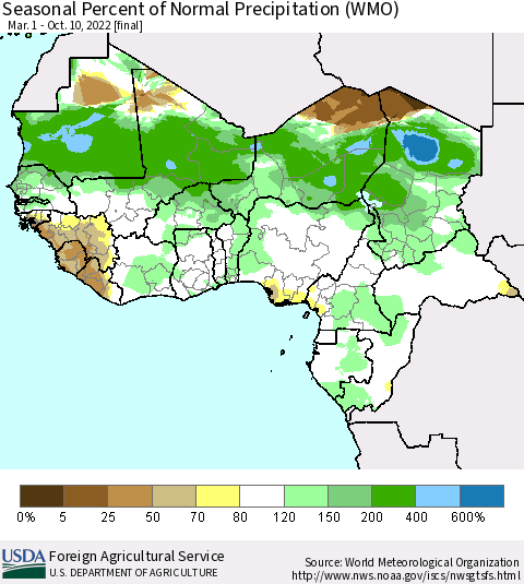 Western Africa Seasonal Percent of Normal Precipitation (WMO) Thematic Map For 3/1/2022 - 10/10/2022