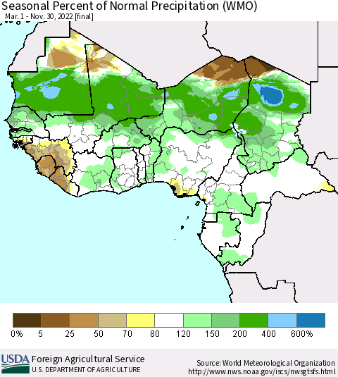 Western Africa Seasonal Percent of Normal Precipitation (WMO) Thematic Map For 3/1/2022 - 11/30/2022