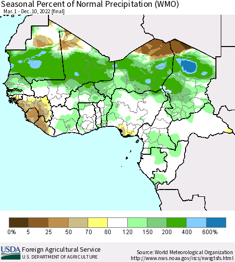 Western Africa Seasonal Percent of Normal Precipitation (WMO) Thematic Map For 3/1/2022 - 12/10/2022
