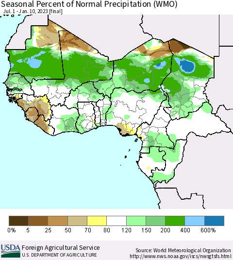 Western Africa Seasonal Percent of Normal Precipitation (WMO) Thematic Map For 7/1/2022 - 1/10/2023