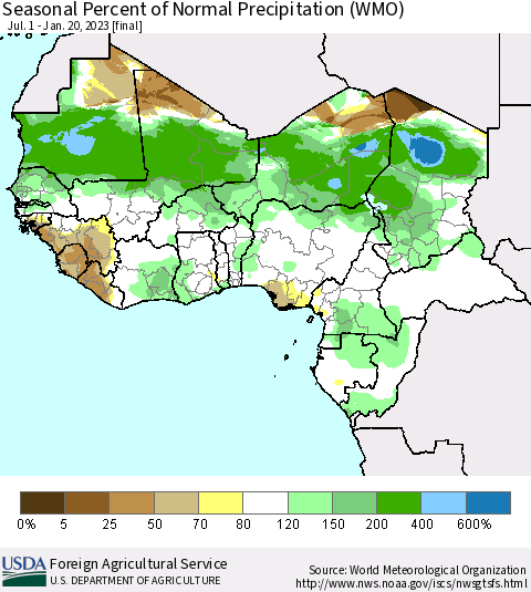 Western Africa Seasonal Percent of Normal Precipitation (WMO) Thematic Map For 7/1/2022 - 1/20/2023