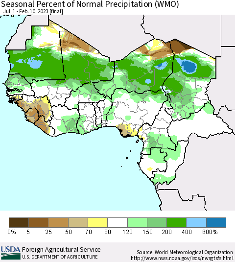 Western Africa Seasonal Percent of Normal Precipitation (WMO) Thematic Map For 7/1/2022 - 2/10/2023